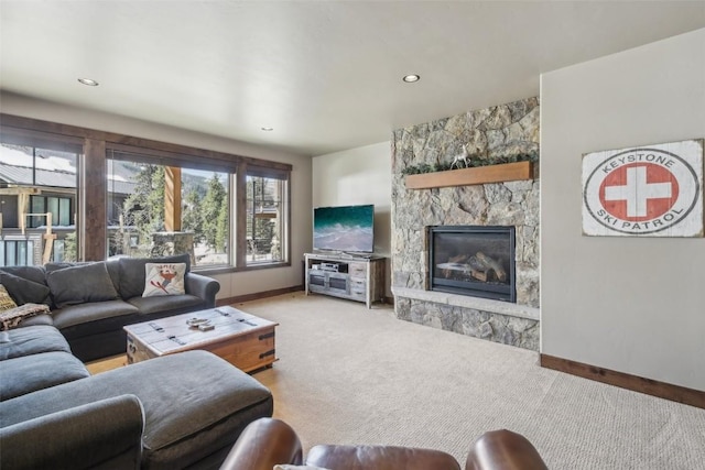 28 Tieze Ln, Keystone, CO 80435 - carpeted living area with a stone fireplace and recessed lighting