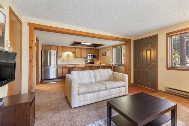 160 Creekside Dr Unit 3, Frisco, CO 80443 - living room featuring carpet floors, a textured ceiling, and a baseboard heating unit
