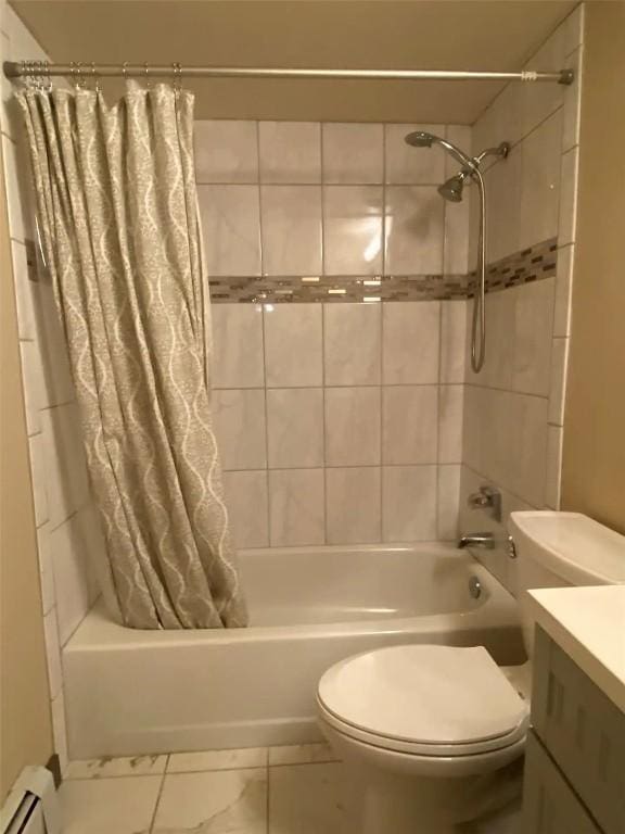 full bath featuring shower / tub combo with curtain, vanity, and toilet