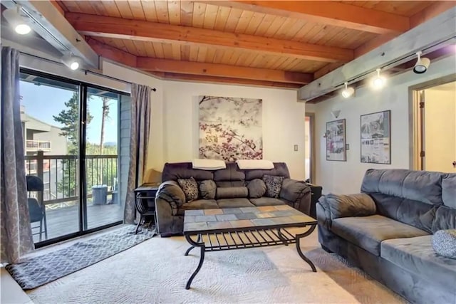 living area featuring wooden ceiling and beam ceiling