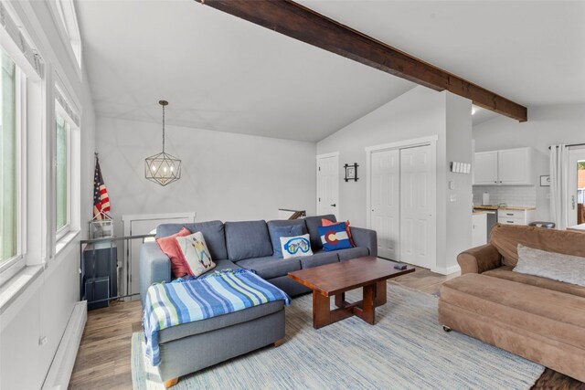 821 Pitkin St Unit 8, Frisco, CO 80443 - living area featuring light wood-style flooring, a chandelier, and a baseboard radiator