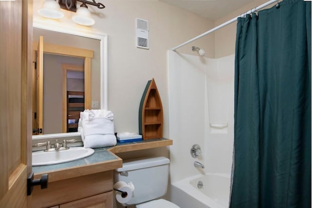 full bath with shower / bath combination with curtain, toilet, vanity, and visible vents