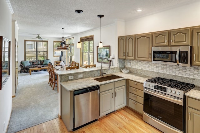 307 Saddle Ridge Dr Unit 307, Wildernest, CO 80498 - kitchen with appliances with stainless steel finishes, a peninsula, a textured ceiling, light wood-type flooring, and a ceiling fan