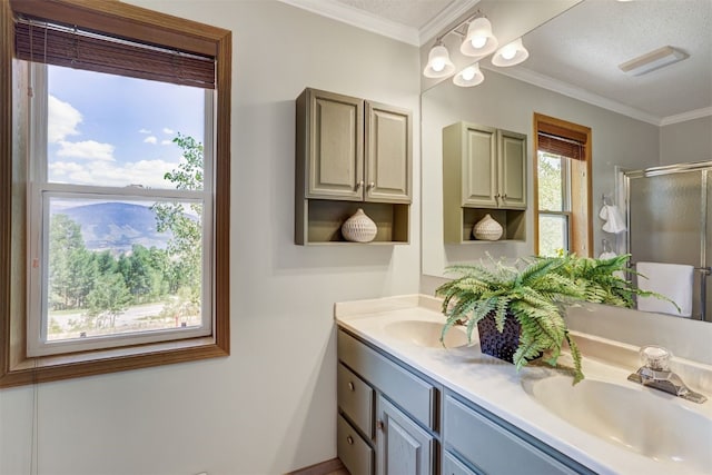 307 Saddle Ridge Dr Unit 307, Wildernest, CO 80498 - bathroom with double vanity, a shower stall, and crown molding