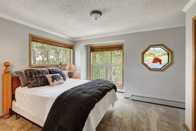 307 Saddle Ridge Dr Unit 307, Wildernest, CO 80498 - bedroom with a baseboard heating unit, light carpet, crown molding, and a textured ceiling