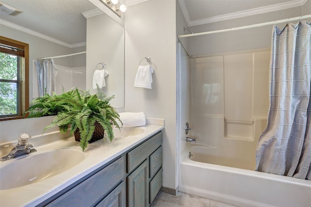 307 Saddle Ridge Dr Unit 307, Wildernest, CO 80498 - full bath featuring shower / bath combination with curtain, double vanity, a textured ceiling, and ornamental molding