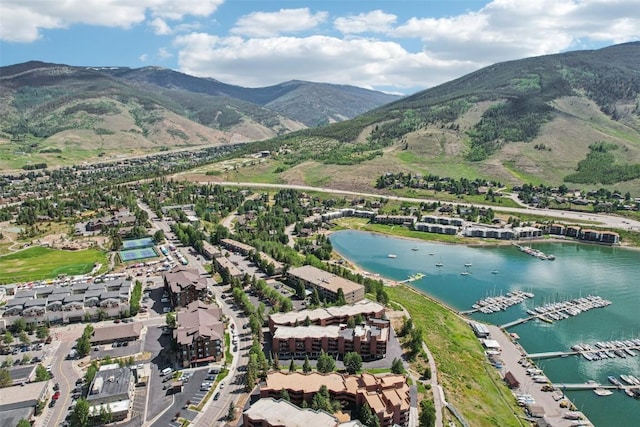 210 E Ln Bonte St Unit 121, Dillon, CO 80435 - aerial view of property's location featuring a water and mountain view and numerous boat docks