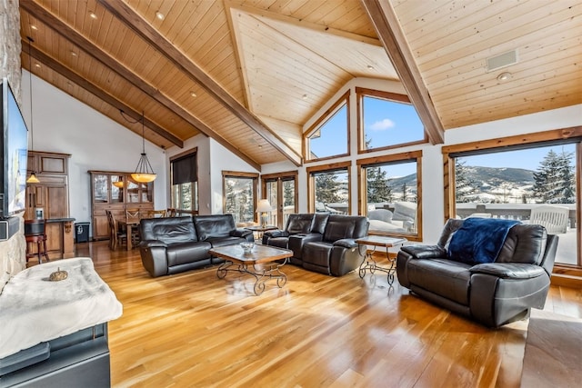 252 Lake View Dr, Silverthorne, CO 80498 - living area featuring wooden ceiling with exposed beams, high vaulted ceiling, wood finished floors, and a mountain view