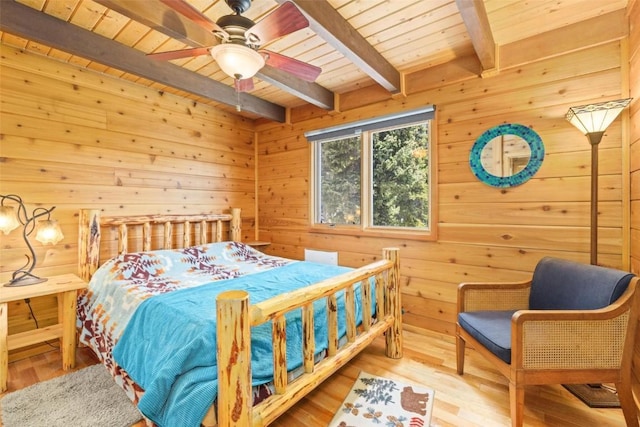 36 Silk Sisters Pl, Fairplay, CO 80440 - bedroom featuring wooden ceiling with exposed beams, wood walls, wood finished floors, and ceiling fan