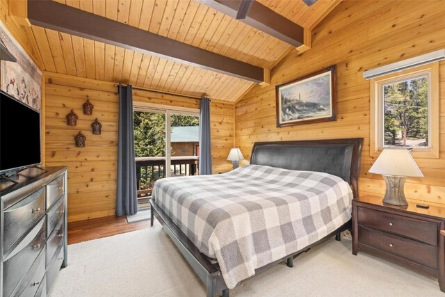 36 Silk Sisters Pl, Fairplay, CO 80440 - bedroom featuring multiple windows, access to outside, wooden walls, and wood ceiling