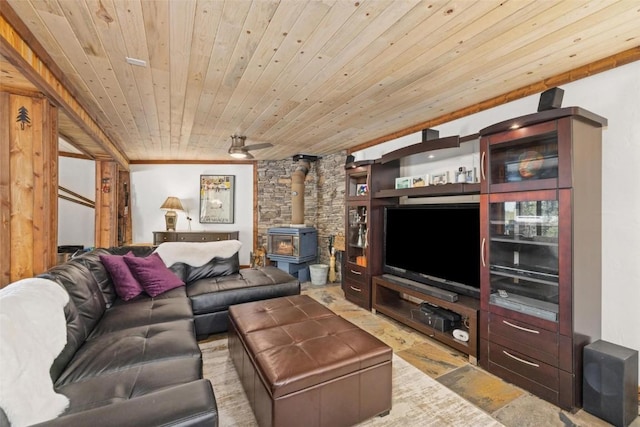 36 Silk Sisters Pl, Fairplay, CO 80440 - living area featuring a wood stove, wood ceiling, and a ceiling fan