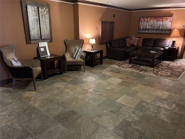 56 Uneva Pl Unit 105, Frisco, CO 80443 - living room with stone tile flooring, ornamental molding, and baseboards