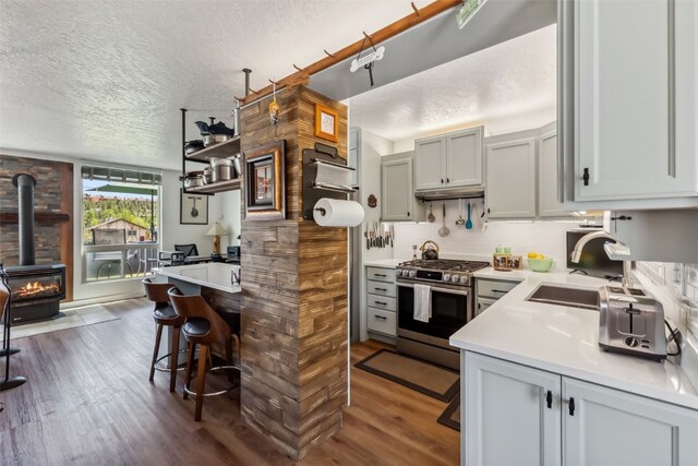 340 Straight Creek Dr Unit 206, Dillon, CO 80435 - kitchen with stainless steel gas range, a textured ceiling, dark wood-style flooring, light countertops, and decorative backsplash