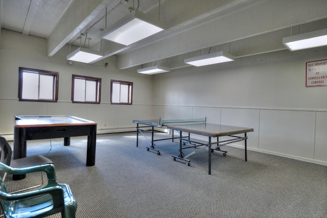 game room with carpet flooring and baseboard heating