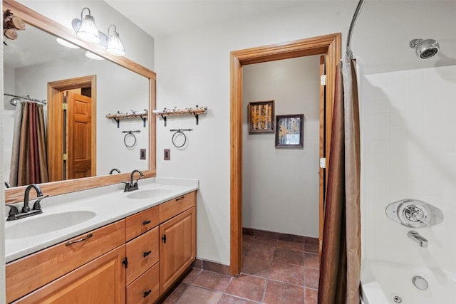22714 US Highway 6 Unit 5977, Keystone, CO 80435 - full bath featuring shower / bathtub combination with curtain, double vanity, tile patterned floors, and baseboards
