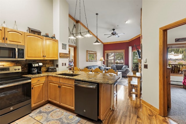 22714 US Highway 6 Unit 5977, Keystone, CO 80435 - kitchen featuring appliances with stainless steel finishes, ceiling fan, a sink, open floor plan, and stone counters