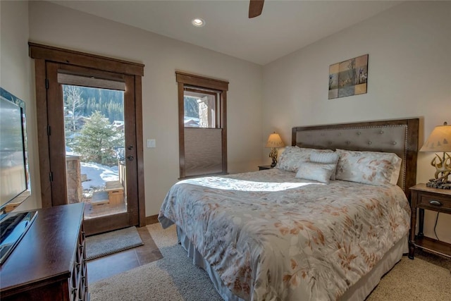 bedroom featuring access to outside and ceiling fan