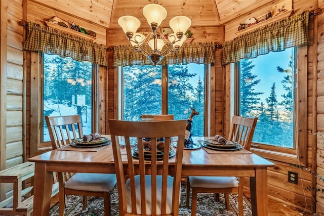 dining area featuring wooden ceiling, healthy amount of natural light, and a chandelier