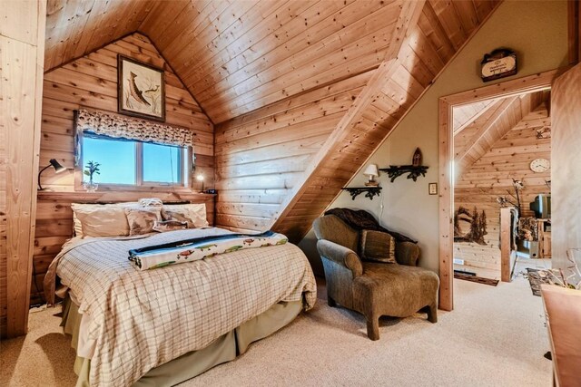 bedroom with wooden walls, lofted ceiling, carpet, and wood ceiling