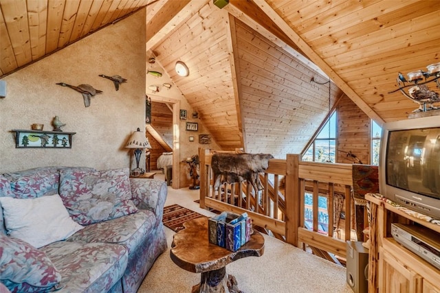 carpeted living room featuring wood ceiling and lofted ceiling