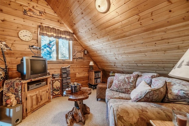 carpeted living area with vaulted ceiling, wooden ceiling, and log walls