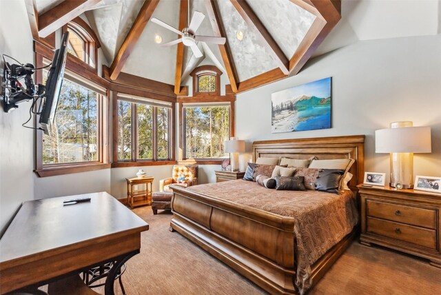 152 County Road 1040, Frisco, CO 80443 - carpeted bedroom featuring beamed ceiling, high vaulted ceiling, and multiple windows