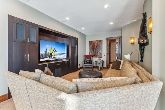 living room with recessed lighting and baseboards