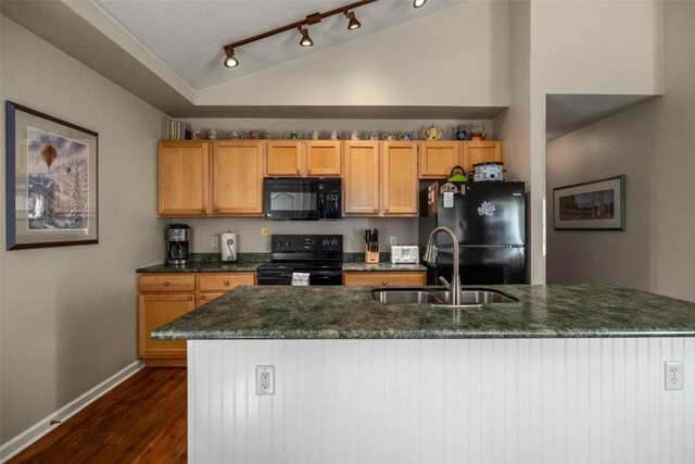 kitchen with a sink, black appliances, rail lighting, baseboards, and dark wood-type flooring