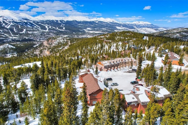 snowy aerial view with a mountain view