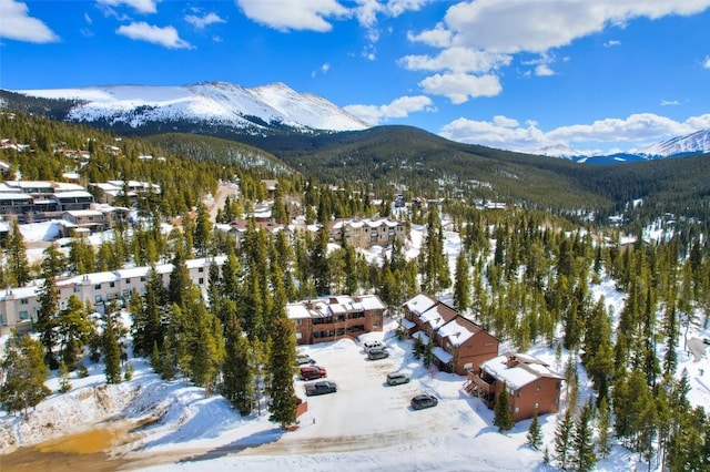 snowy aerial view featuring a mountain view