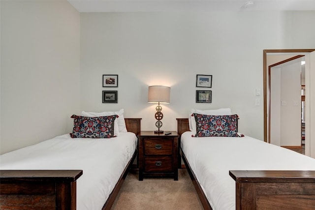 bedroom with light colored carpet