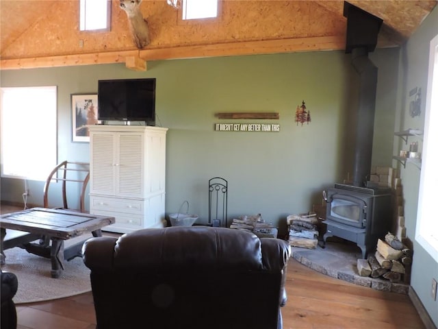 living area featuring lofted ceiling, wood finished floors, and a wood stove