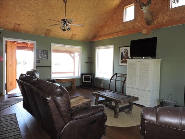 living room featuring high vaulted ceiling, a ceiling fan, wood finished floors, and plenty of natural light