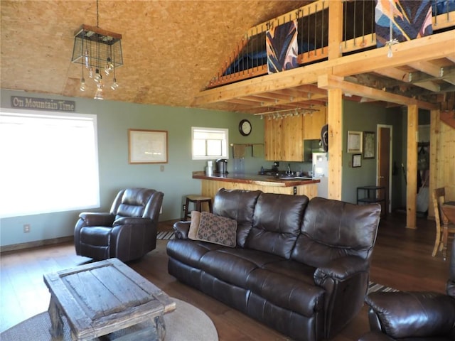 living room featuring wood finished floors and lofted ceiling