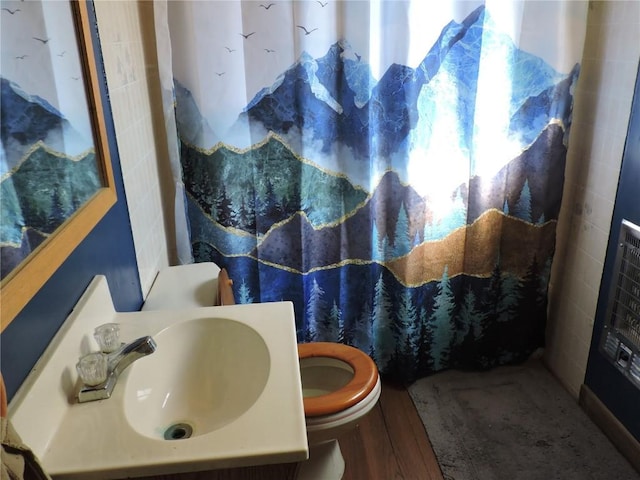 bathroom with toilet, vanity, and curtained shower