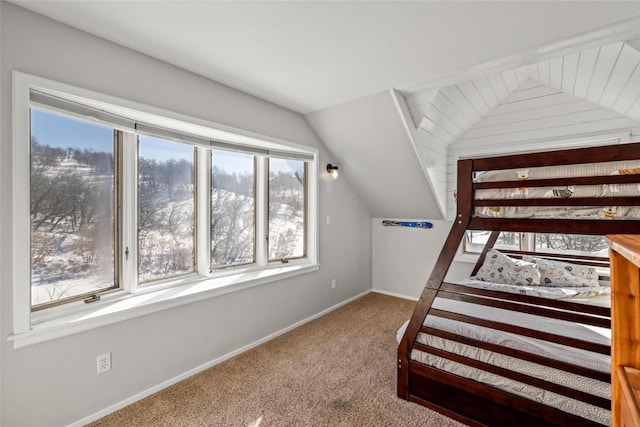 27145 Whitewood Dr E, Steamboat Springs, CO 80487 - unfurnished bedroom featuring multiple windows, carpet floors, vaulted ceiling, and baseboards