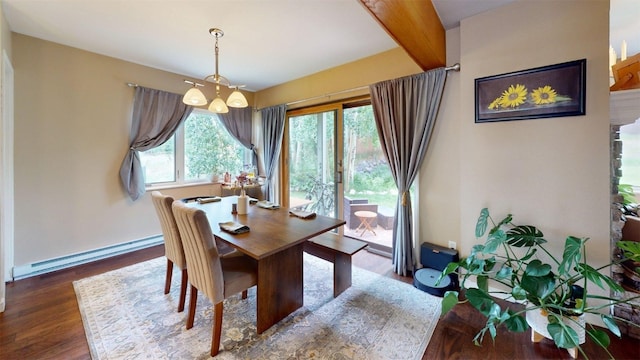 101 Blue Grouse Ln Unit D, Silverthorne, CO 80498 - dining area with baseboard heating, wood finished floors, and a chandelier