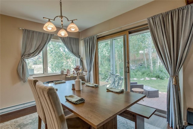 101 Blue Grouse Ln Unit D, Silverthorne, CO 80498 - dining space featuring a baseboard radiator, wood finished floors, and healthy amount of natural light
