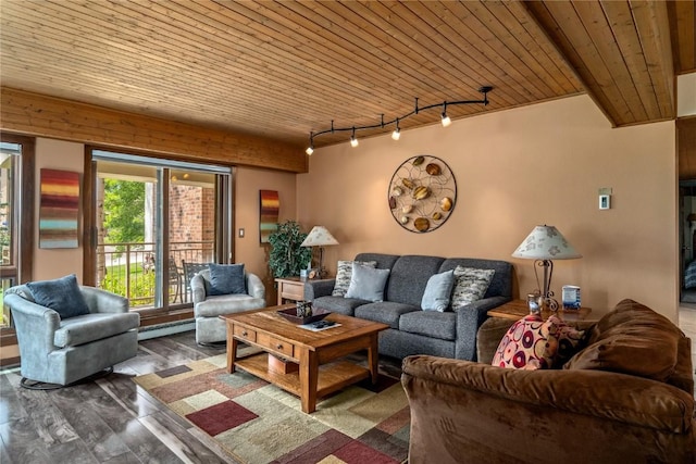 living room featuring rail lighting, wooden ceiling, and wood finished floors
