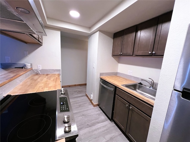 kitchen with a sink, wooden counters, dishwasher, light wood-style flooring, and electric range