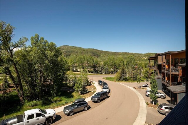 320 Fox Springs Cir Unit 302, Steamboat Springs, CO 80487 - view of asphalt road with a mountain view, a forest view, and curbs