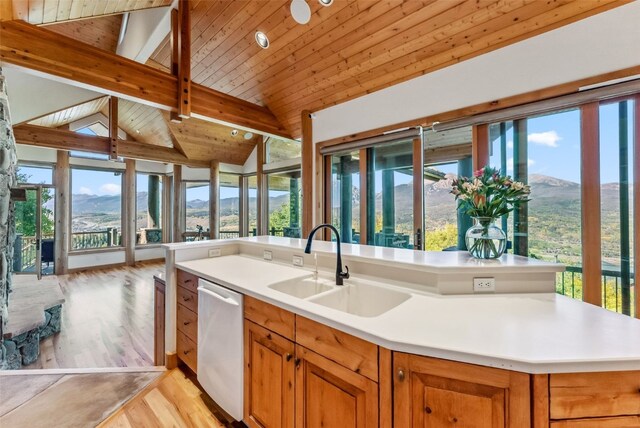 731 Lakeview Cir, Silverthorne, CO 80498 - kitchen with dishwasher, light wood-style flooring, a sink, healthy amount of natural light, and wood ceiling