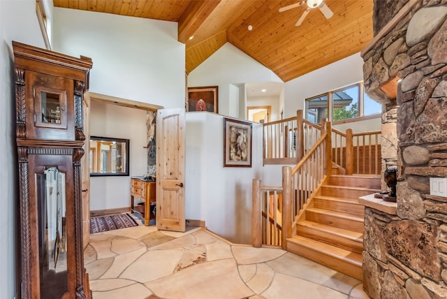 731 Lakeview Cir, Silverthorne, CO 80498 - stairs with wood ceiling, ceiling fan, and high vaulted ceiling
