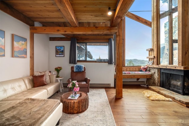 31500 Runaway Pl Unit 405, Steamboat Springs, CO 80487 - living room featuring baseboard heating, hardwood / wood-style flooring, wood ceiling, beamed ceiling, and a fireplace with raised hearth