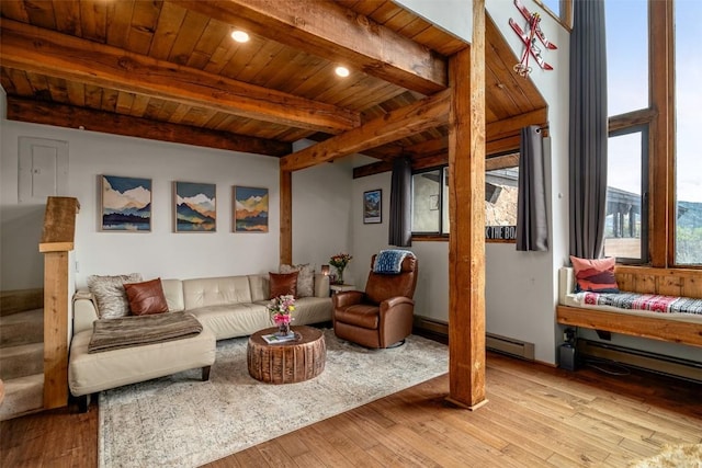 31500 Runaway Pl Unit 405, Steamboat Springs, CO 80487 - living room featuring wooden ceiling, beam ceiling, hardwood / wood-style floors, and recessed lighting