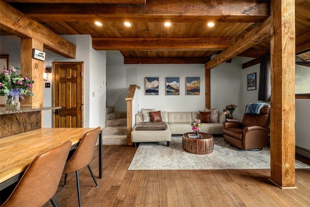 31500 Runaway Pl Unit 405, Steamboat Springs, CO 80487 - living room with wooden ceiling, beamed ceiling, wood finished floors, stairs, and recessed lighting