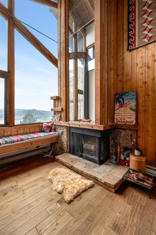 31500 Runaway Pl Unit 405, Steamboat Springs, CO 80487 - detailed view of wood finished floors, wooden walls, and a mountain view