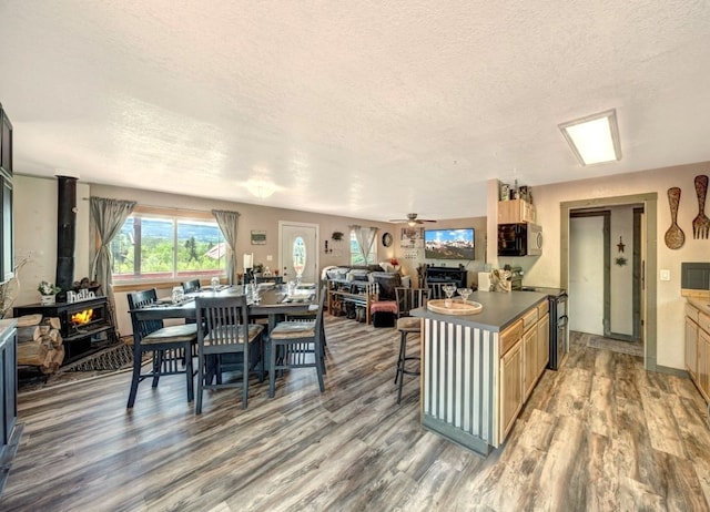420 County Rd 130, Kremmling, CO 80459 - kitchen featuring a wood stove, stainless steel microwave, light wood finished floors, a textured ceiling, and dark countertops