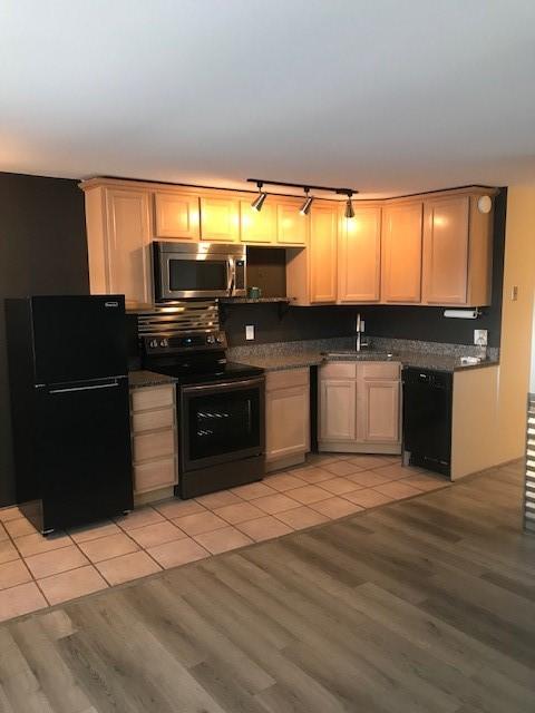 396 Cove Blvd Unit 11, Dillon, CO 80435 - kitchen with black appliances, track lighting, a sink, light wood-style floors, and dark countertops