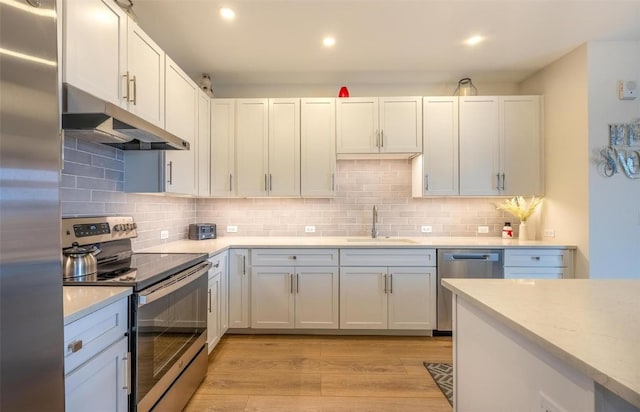 75 W 4th St Unit 206, Silverthorne, CO 80497 - kitchen with appliances with stainless steel finishes, under cabinet range hood, a sink, light wood-style flooring, and decorative backsplash